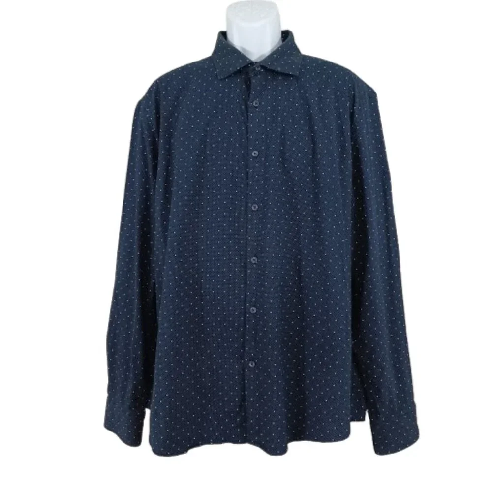 CACTUS MAN Ricky Singh Dark Blue & White Polkadot Long Sleeve Button Front Shirt